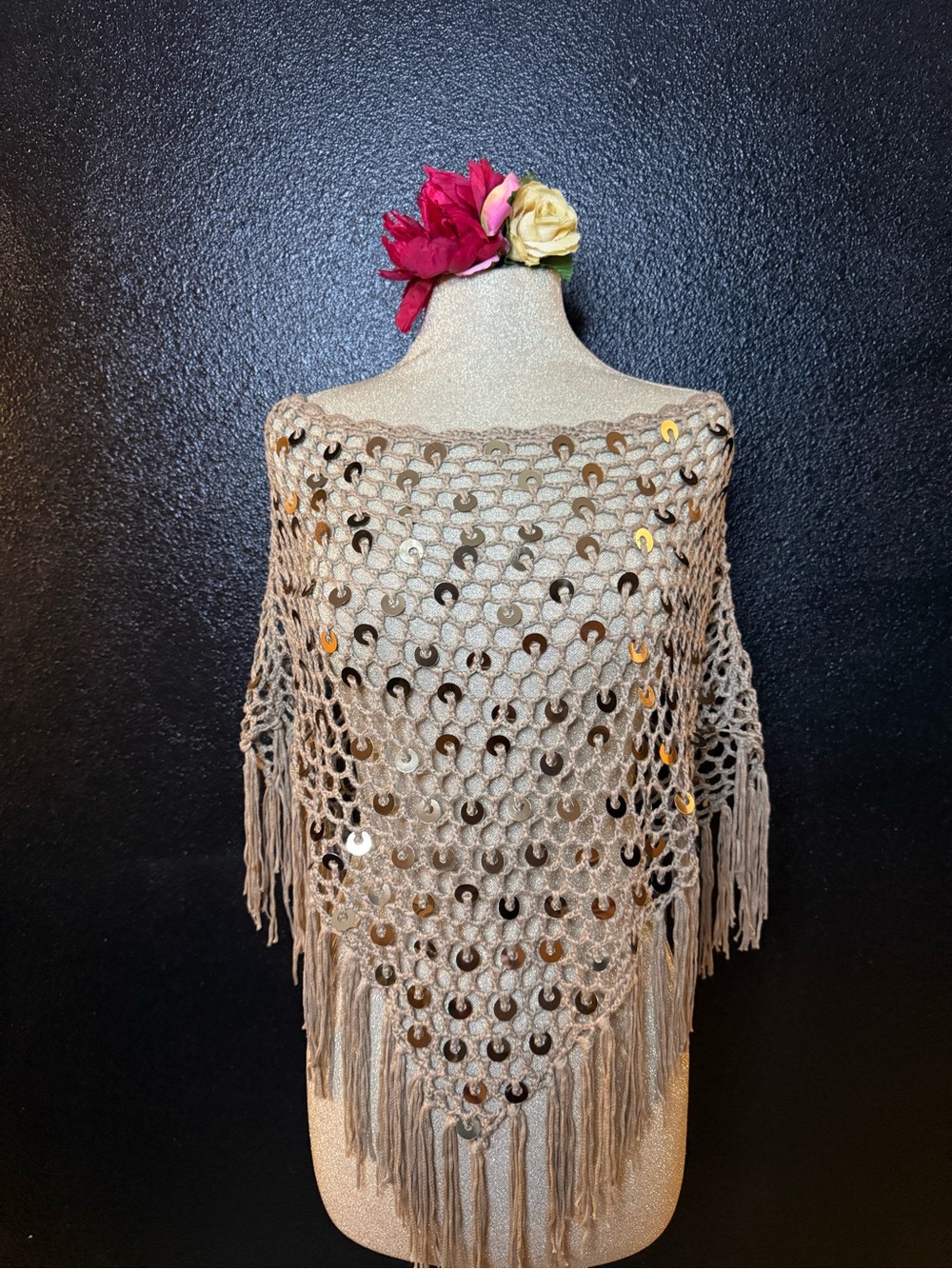 Dizzy Lizzy Taupe Crochet Fringe Shawl